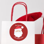 Cute Customisable Santa Claus Red Christmas Gift Classic Round Sticker<br><div class="desc">Customise these cute Santa Claus gift labels with your own personalised text with your kids name in white script. Santa's red hat and white beard are the perfect holiday drawing on this festive red gift sticker for your presents.</div>