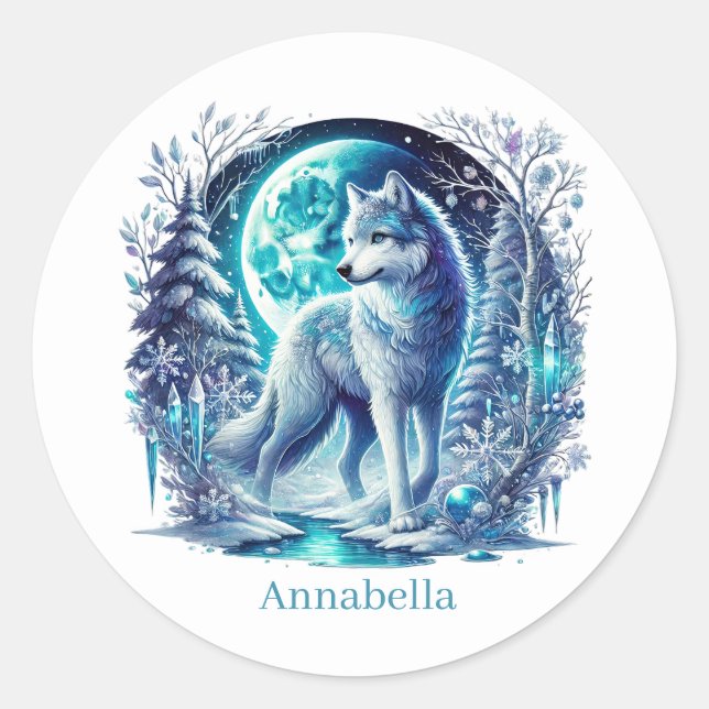 Cute customisable wolf lovers Winter Classic Round Sticker (Front)
