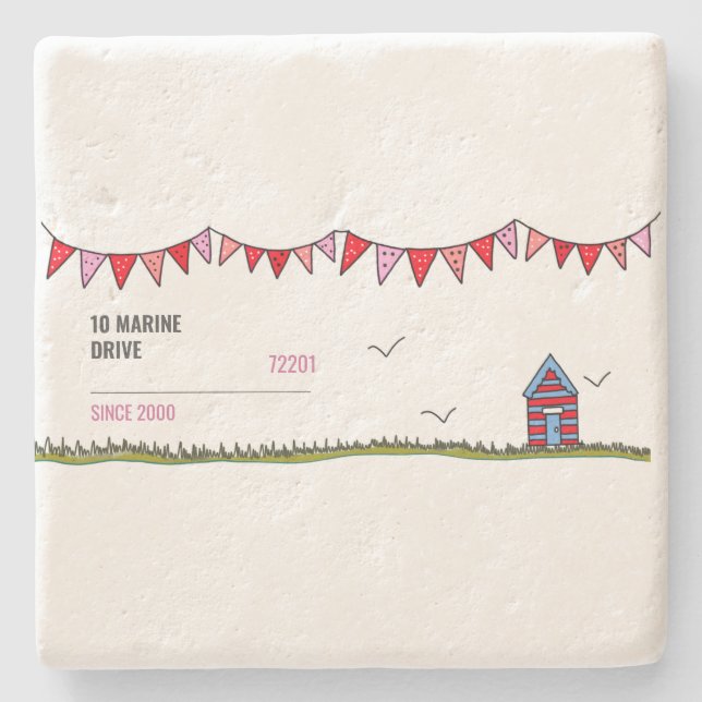 Cute Customised Beach Hut Stone Coaster (Front)