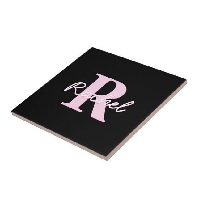 Cute Customizable Monogram | Light Pink & Black Ceramic Tile (Side)