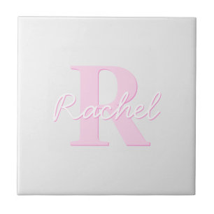 Cute Customizable Monogram   Pink Ombre & Gray Ceramic Tile