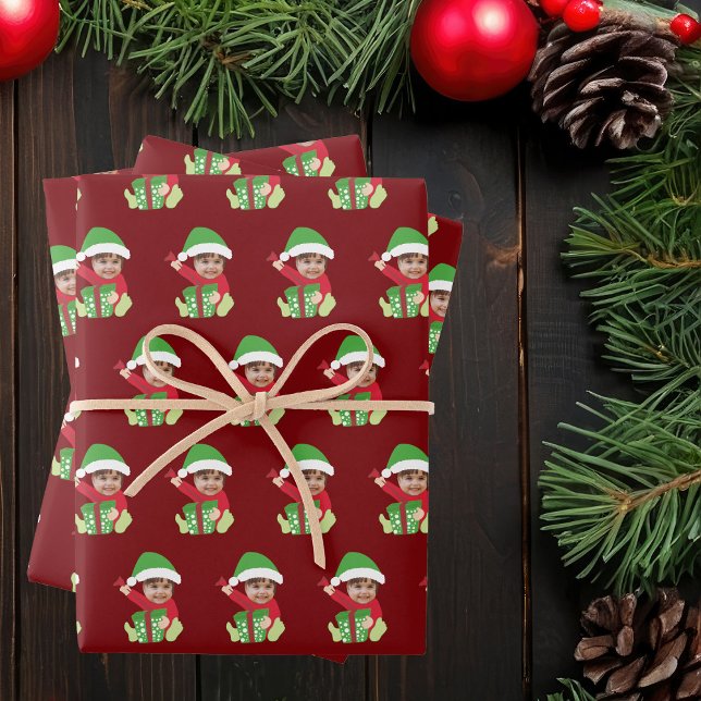 Cute Customized Children's Photo Elf Christmas Red Wrapping Paper Sheet (Creator Uploaded)