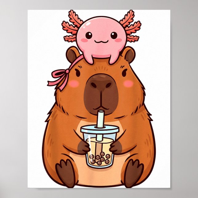 Cute Cute Capybara Drinking Boba Tea Poster (Front)