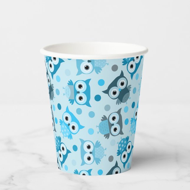Cute cyan colourful owl pattern paper cups (Front)
