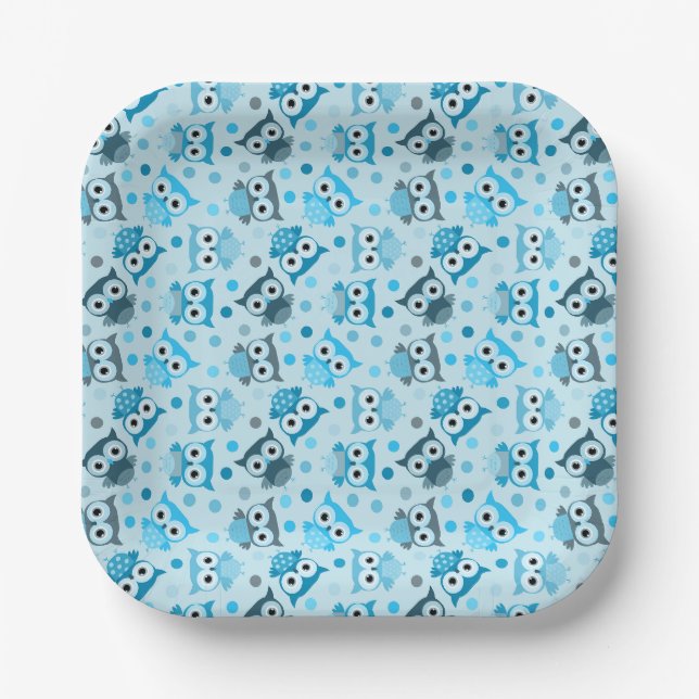 Cute cyan colourful owl pattern paper plate (Front)