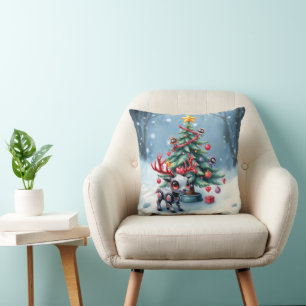 Cute Cyberpunk Reindeer with Christmas Tree Cushion