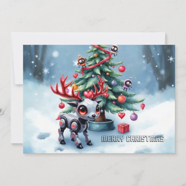 Cute Cyberpunk Reindeer with Christmas Tree Holiday Card (Front)