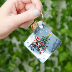 Cute Cyberpunk Reindeer with Christmas Tree Key Ring