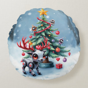 Cute Cyberpunk Reindeer with Christmas Tree Round Cushion