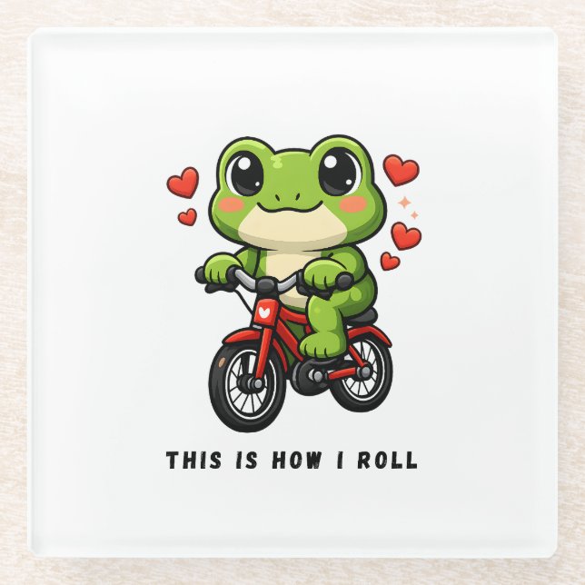 Cute Cycling Frog | Kawaii Frog Bicycle Art Glass Coaster (Front)