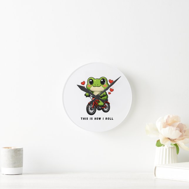 Cute Cycling Frog | Kawaii Frog Bicycle Art Round Clock (Home)