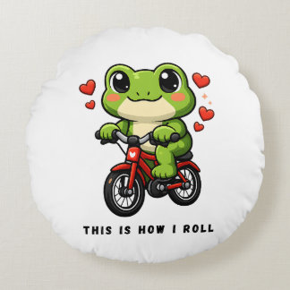 Cute Cycling Frog | Kawaii Frog Bicycle Art Round Cushion