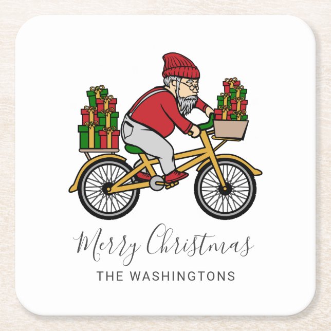 Cute Cyclist Santa Christmas Square Paper Coaster (Front)
