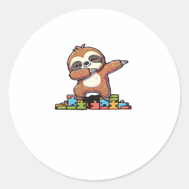 Cute Dabbing Sloth Autism Awareness Autistic Kids  Classic Round Sticker (Front)