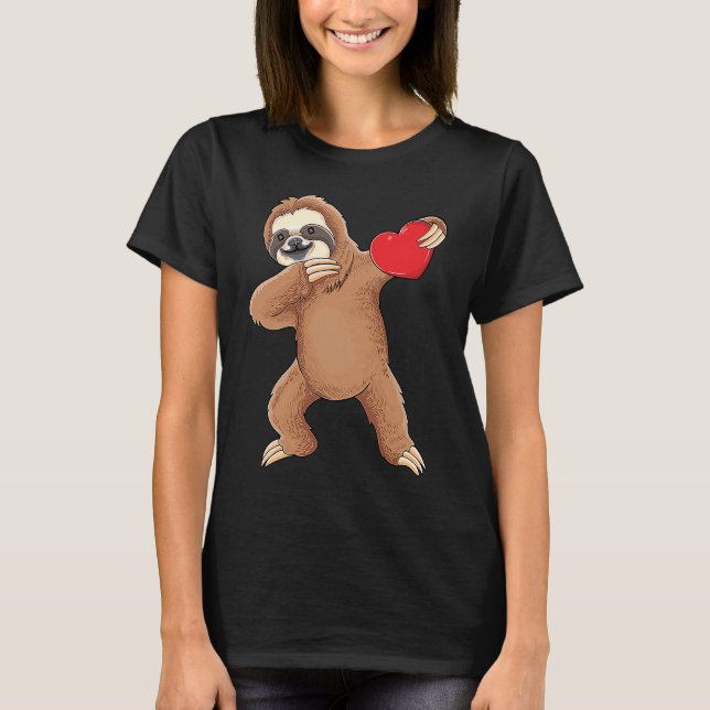 Cute dabbing sloth holding heart love sloth valent T-Shirt (Front)