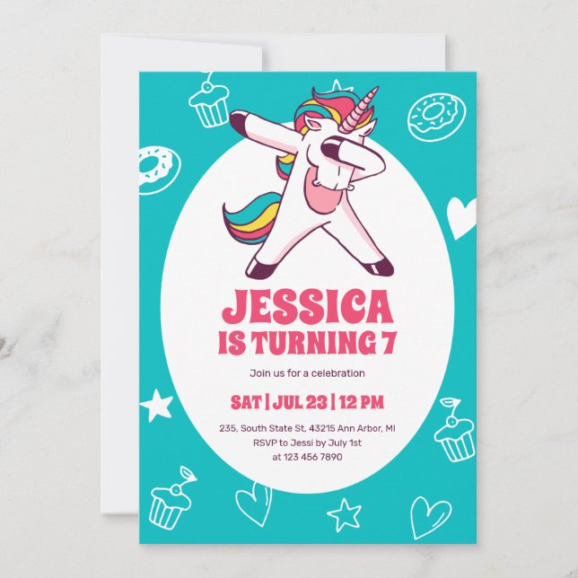 Cute Dabbing Unicorn Cartoon Kids Birthday Invitation (Front)
