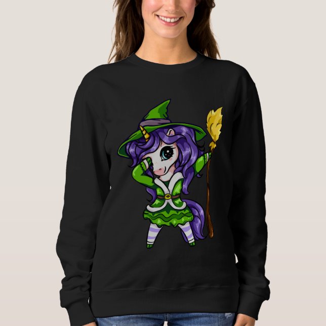 Cute Dabbing Unicorn Girl Witch With Broom Hallowe Sweatshirt (Front)