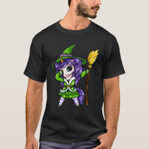 Cute Dabbing Unicorn Girl Witch With Broom Hallowe T-Shirt