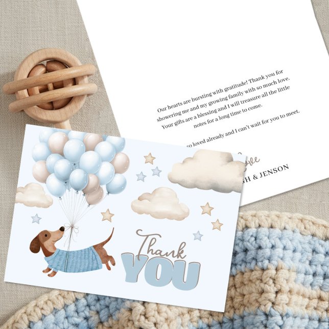 Cute Dachshund and Balloons Boy Baby Shower Thank You Card (Baby Shower Thank You cards. Dachshund and balloons design in blue and beige)