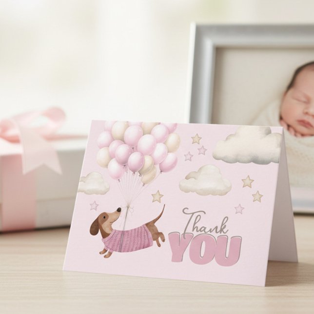 Cute Dachshund and Balloons Girl Baby Shower Thank You Card (Dachshund Teenie Weenie Thank you card - Girl Baby Shower stationery.)