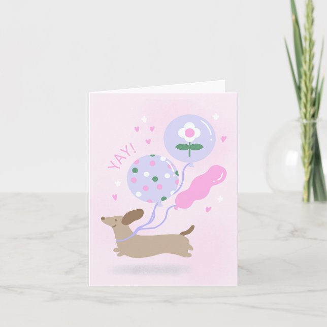 Cute Dachshund Birthday Yay Congrats Balloons Kids Card (Front)