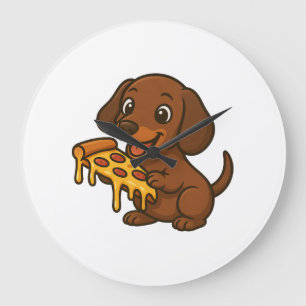 Cute Dachshund cartoon pizza pizza lover dog Large Clock
