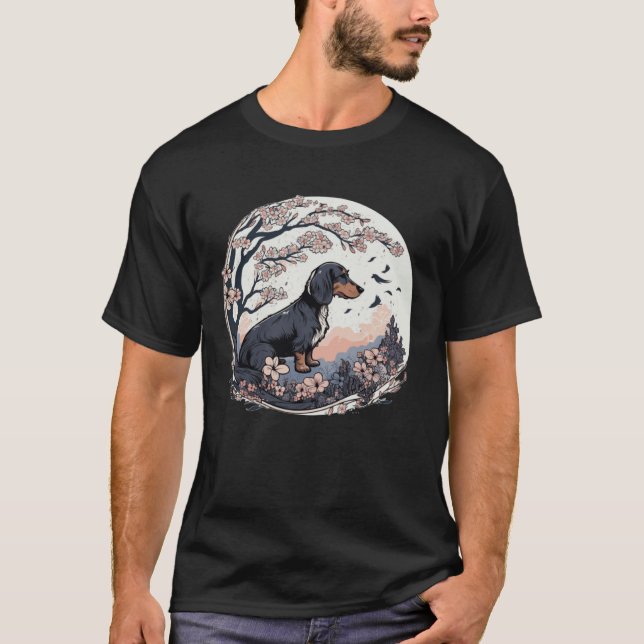 Cute Dachshund Cherry Blossom Dog Breed Japanese W T-Shirt (Front)