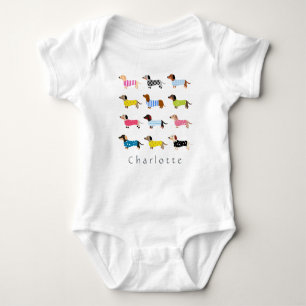 Cute Dachshund Collage & Custom Name Baby Baby Bodysuit