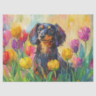 Cute Dachshund Colourful Tulips Decoupage Tissue Paper