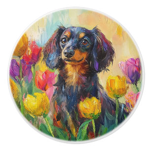 Cute Dachshund Colourful Tulips Painting Ceramic Knob