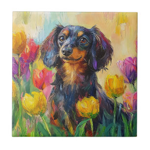 Cute Dachshund Colourful Tulips Painting Ceramic Tile