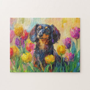 Cute Dachshund Colourful Tulips Painting Jigsaw Puzzle