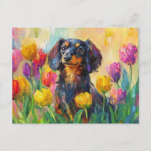 Cute Dachshund Colourful Tulips Painting Postcard