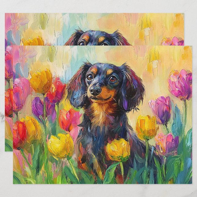 Cute Dachshund Colourful Tulips Scrapbook Paper (Front/Back)