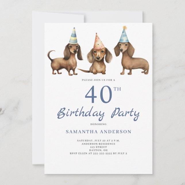 Cute Dachshund Dog 40th Birthday Party  Invitation (Front)