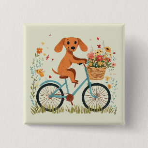 Cute Dachshund Dog Biking Spring Flowers 15 Cm Square Badge