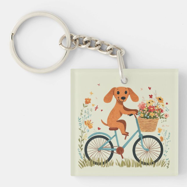 Cute Dachshund Dog Biking Spring Flowers Key Ring (Front)