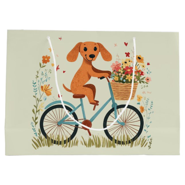 Cute Dachshund Dog Biking Spring Flowers Large Gift Bag (Back)