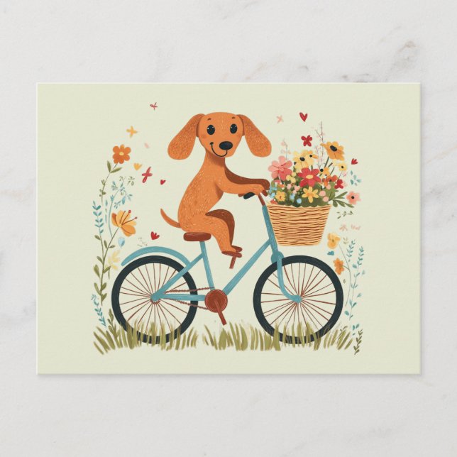 Cute Dachshund Dog Biking Spring Flowers Postcard (Front)