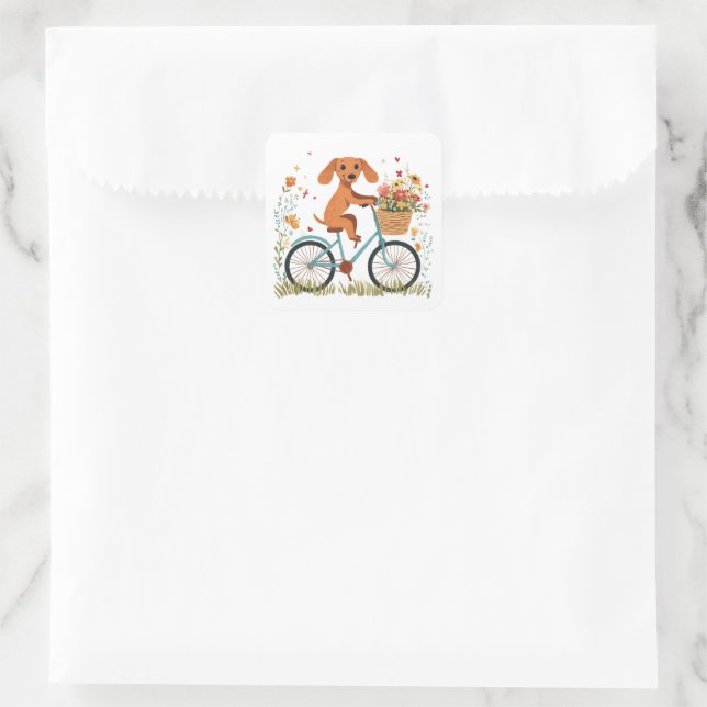 Cute Dachshund Dog Biking Spring Flowers Square Sticker (Bag)