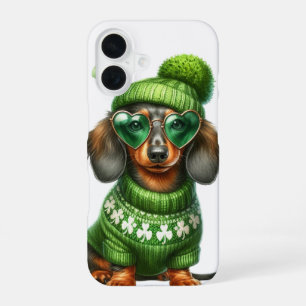 CUTE DACHSHUND DOG DRESSED IN IRISH CLOTHES iPhone 16 CASE