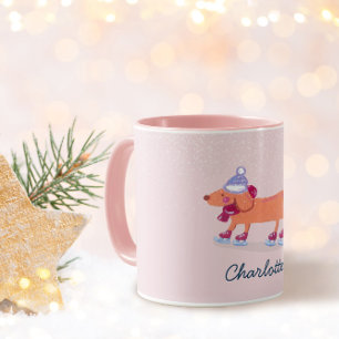 Cute Dachshund Dog Ice Skating Blush Pink Name Mug