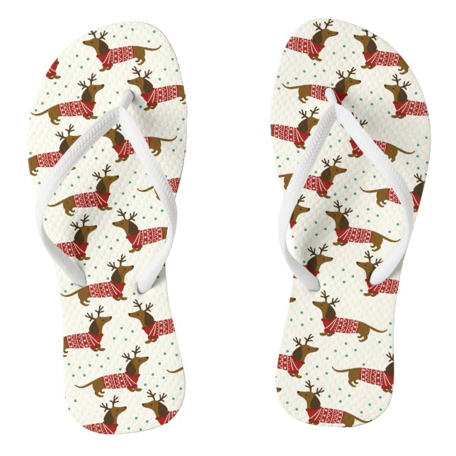 Cute Dachshund Dog Snow Winter Christmas Holidays Thongs (Footbed)