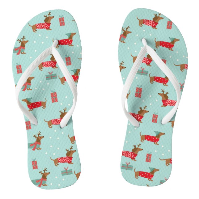 Cute Dachshund Dog Snow Winter Christmas Holidays Thongs (Footbed)