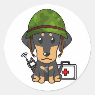Cute Dachshund Dog Wearing army helmet Classic Round Sticker