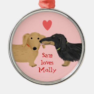 Cute Dachshund Dogs Kiss with Heart Custom Text Metal Tree Decoration
