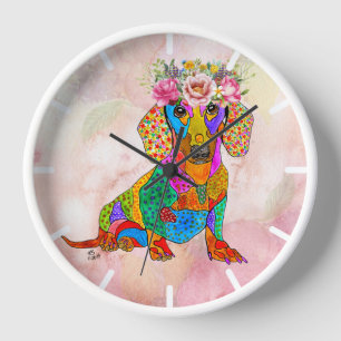 Cute Dachshund Floral Crown Clock