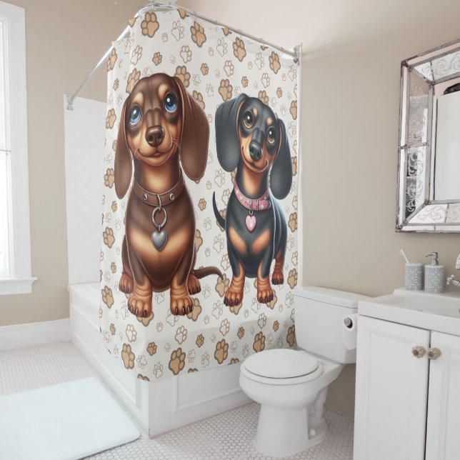Cute dachshund friends shower curtain (In Situ)