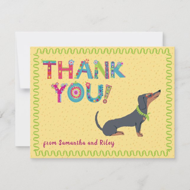 Cute Dachshund Fun Colourful Floral Letters       Thank You Card (Front)