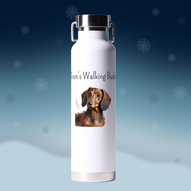 Cute Dachshund'' Gram's Walking Buddy Personalise Water Bottle (Front of design)